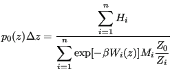 $\displaystyle p_0(z)\Delta z = \frac{\displaystyle \sum_{i=1}^n H_i}{\displaystyle \sum_{i=1}^n \exp[-\beta W_i(z)]M_i\frac{Z_0}{Z_i}}$